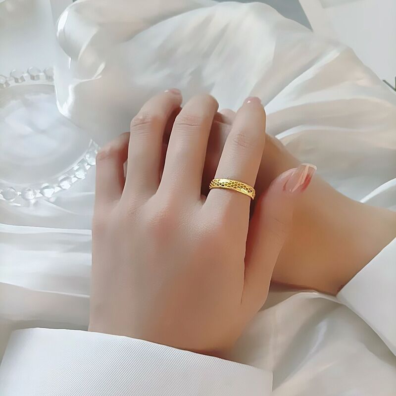 Womens Titanium Steel Ring Gold Electroplated Curved Honeycomb Geometric Design Elegant Jewelry Sizes 6 7 8 And 9