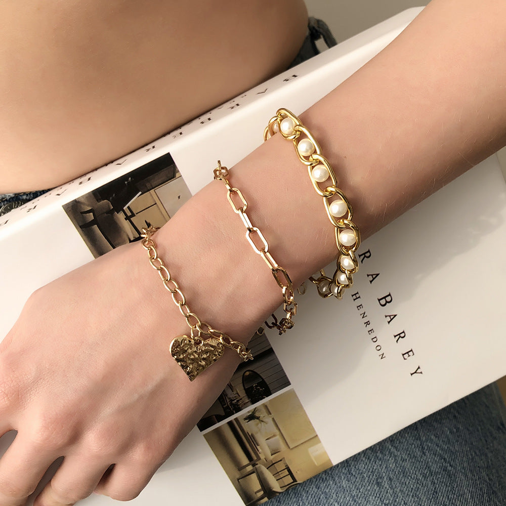 Womens Geometric Bracelet Punk Metal Alloy Bangle Exaggerated Design Imitation Pearl Gold Electroplating Europe