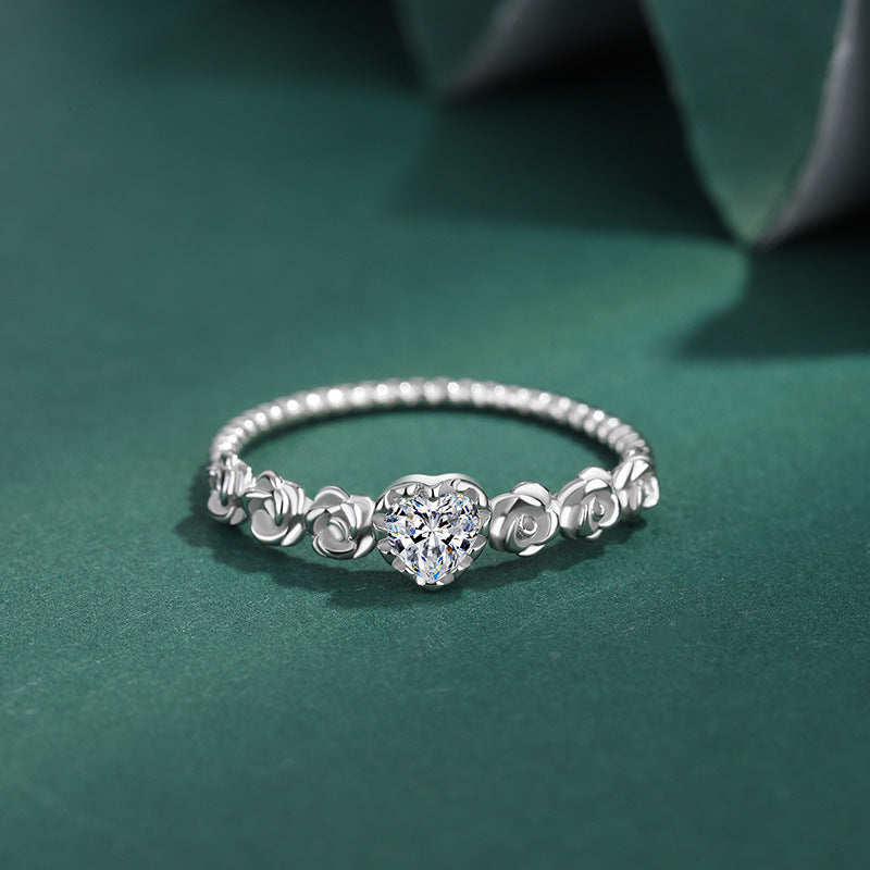 Sterling Silver Ring Twist Lines Love Heart Design Electroplated Fine Work Diamond Set Heart-Shaped Ring Elegant Jewelry Gift for Her Anniversary Present