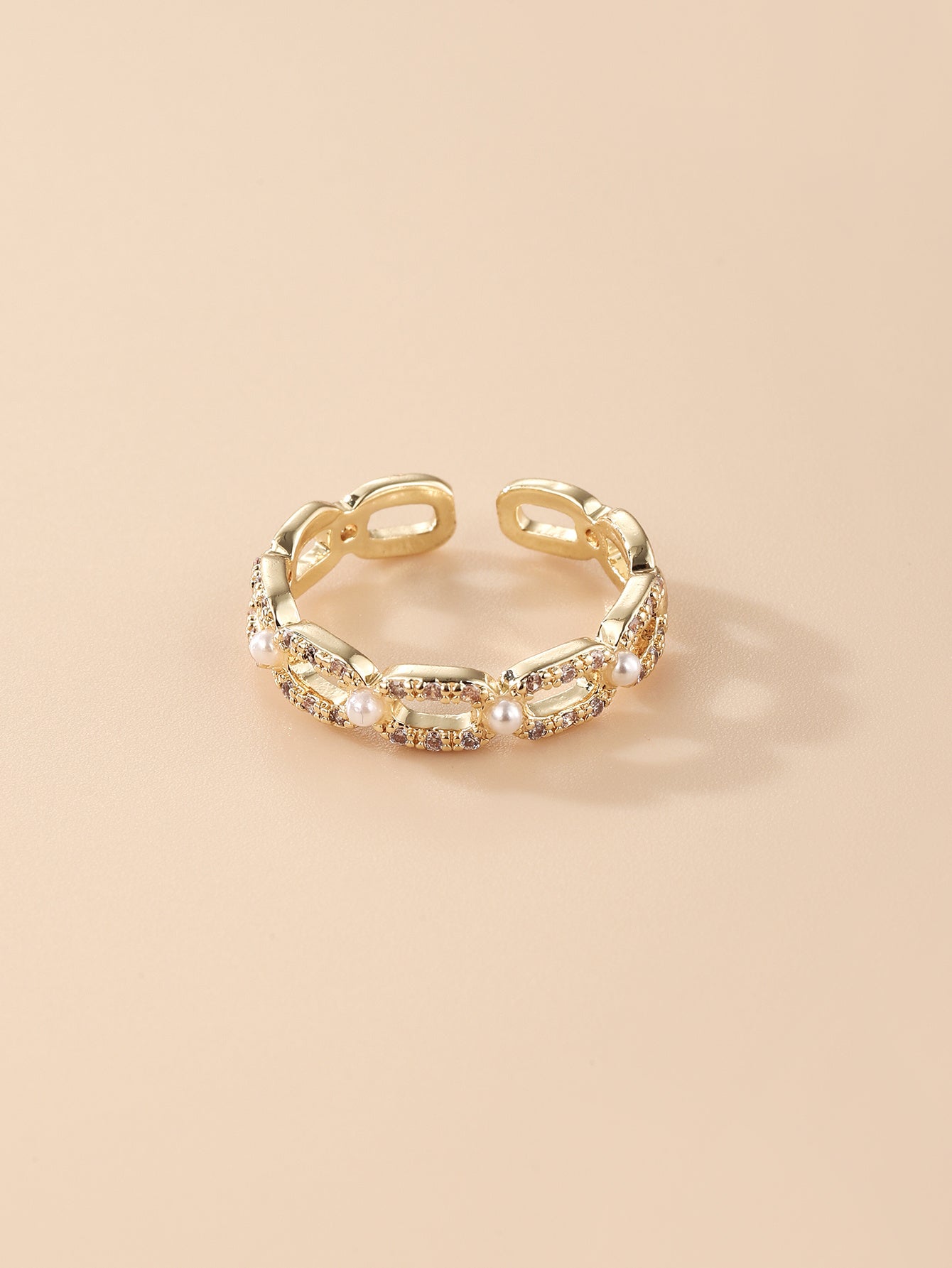 Women Rose Gold Plated Ring With Zircon And Pearl Geometric Design Copper Electroplated Fashion Jewelry Elegant Style