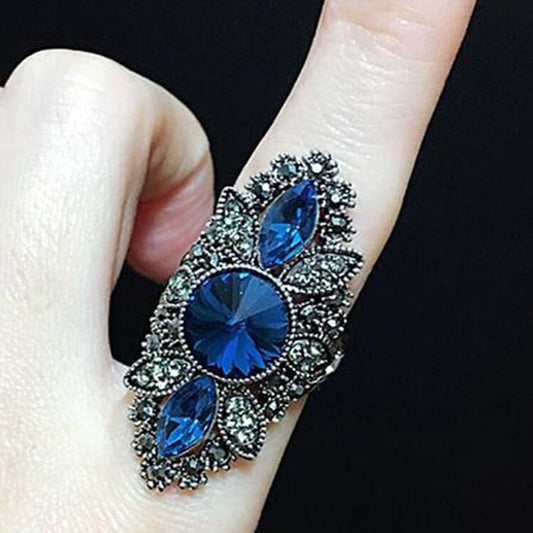 Womens Fashion Ring Plated Alloy Flower Ring Blue Zircon Stone Electroplated Statement Ring European American Style