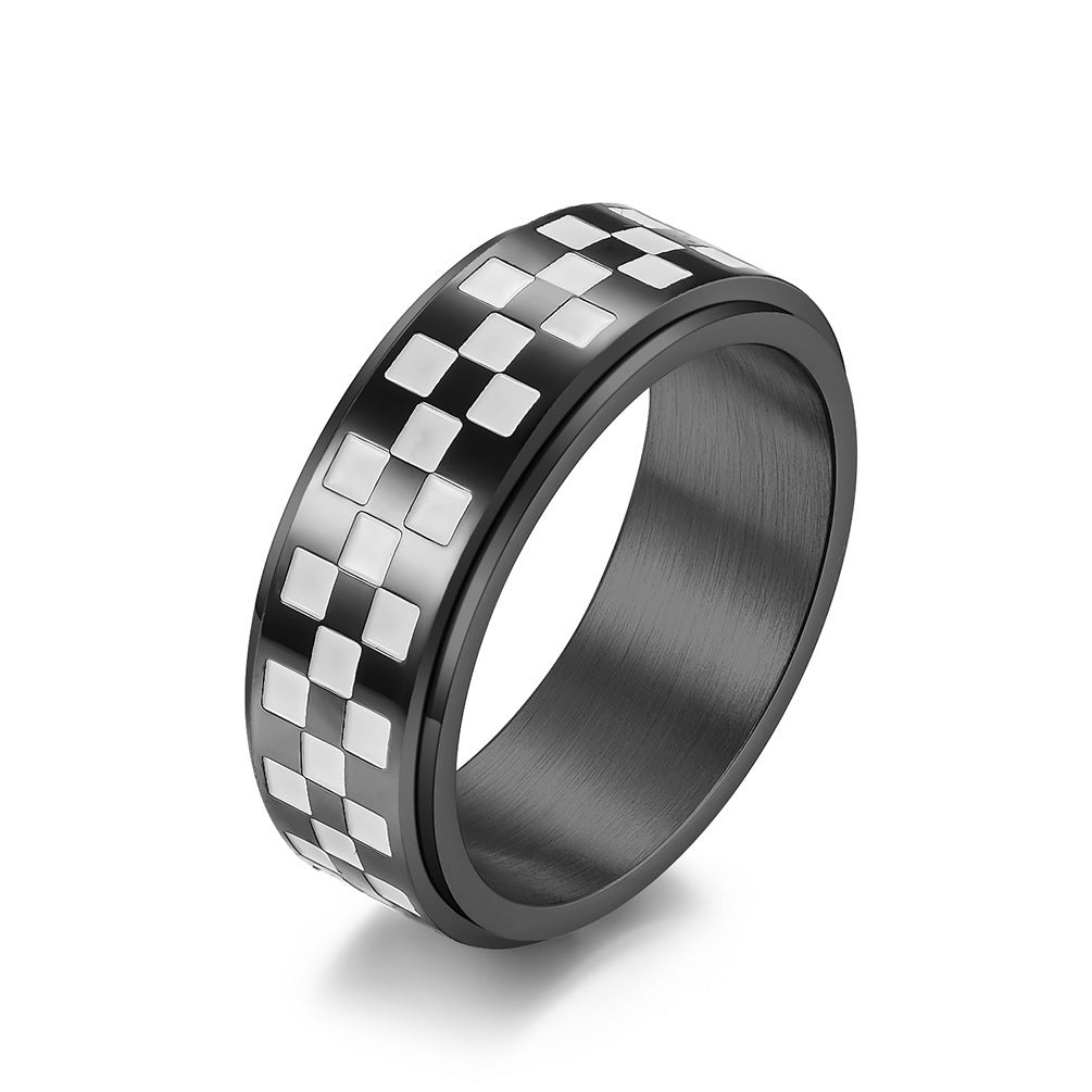 Unisex Rotating Ring Black White Checkered Stainless Steel Sturdier Fashion Accessory Modern Statement Jewelry