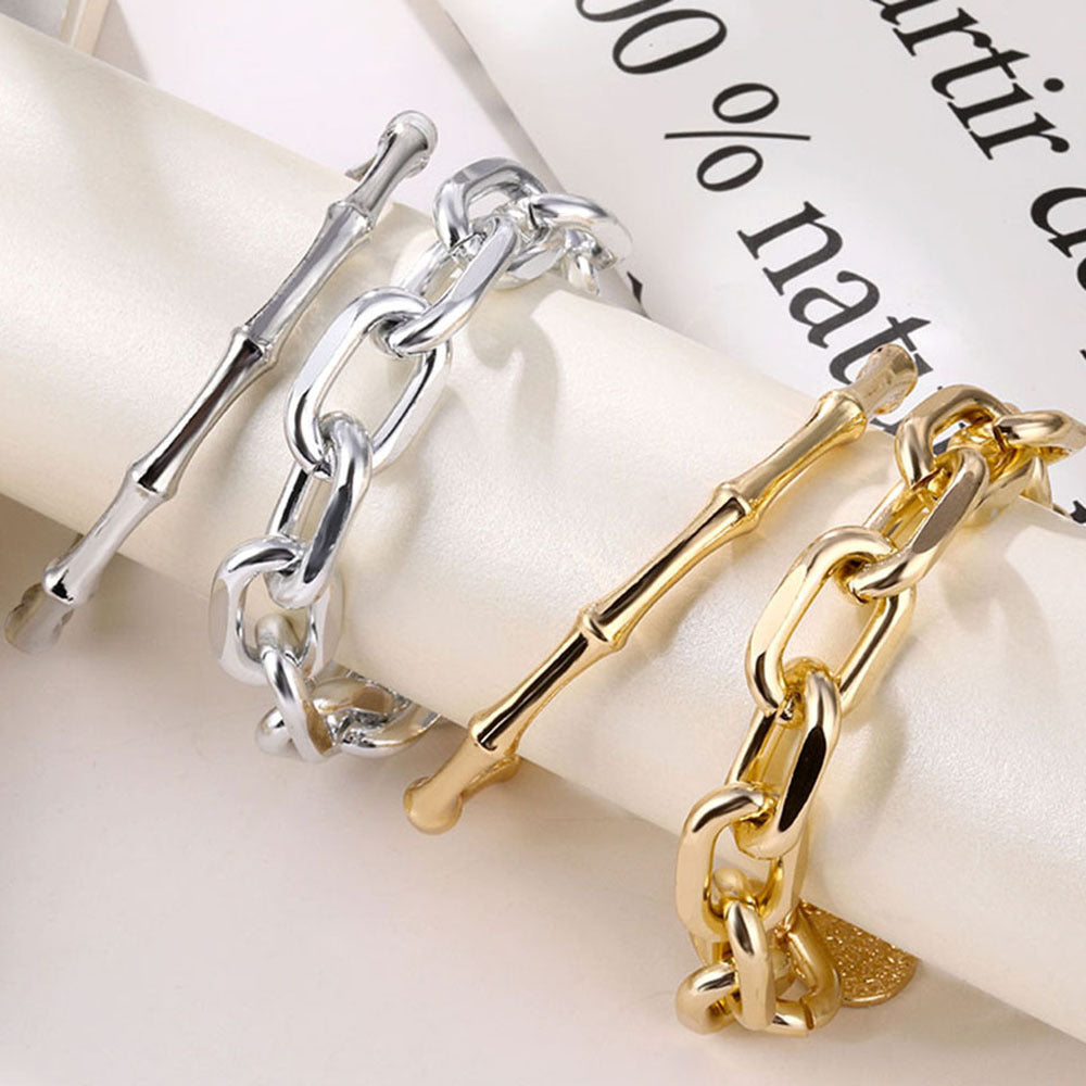 Womens Retro Coin Layered Bracelet Thick Chain With Bamboo Link Geometric Alloy Gold Shine Statement Accessory