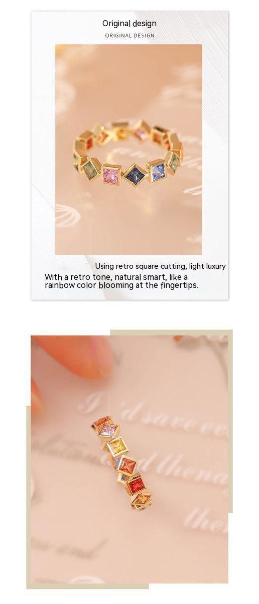 Gold Plated Geometric Ring Colorful Crystal Inlays Rainbow Jewelry For Women Durable Elegant Accessory Classic