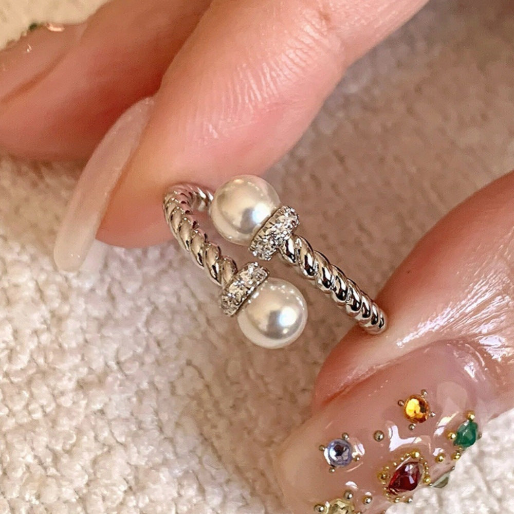 Women's Open Mouth Ring With Double Pearl Copper Ring Electroplating Finish Adjustable Band Jewelry Style Icon