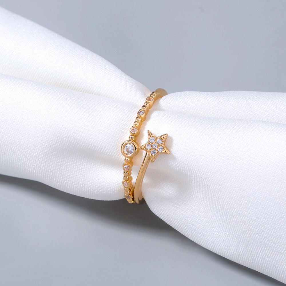 Womens Gold Pentagram Ring Copper Europe Inlaid Adjustable