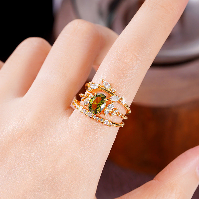 Womens Three Piece Flower Horse Eye Ring Set Copper Gold Tone Micro Inlay Fashion Jewelry Durable Elegant Versatile