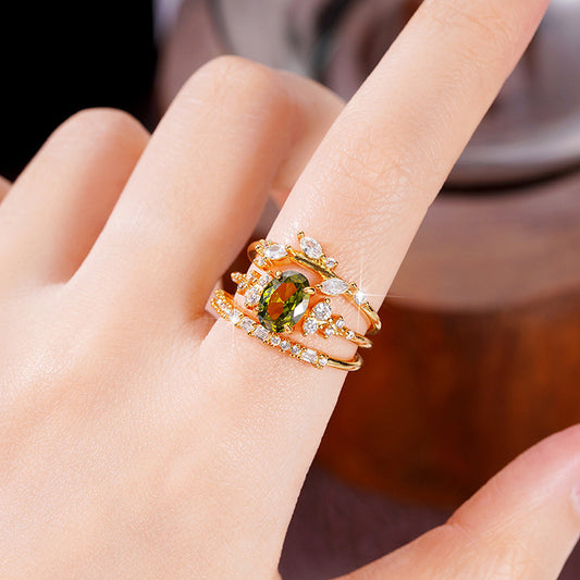 Womens Three Piece Flower Horse Eye Ring Set Copper Gold Tone Micro Inlay Fashion Jewelry Durable Elegant Versatile