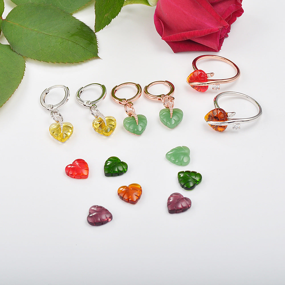 Temperament Heart Shaped Leaf Ring For Women Gold Plated Jewelry Elegant Accessory Rose Gold Jade Inlay Design