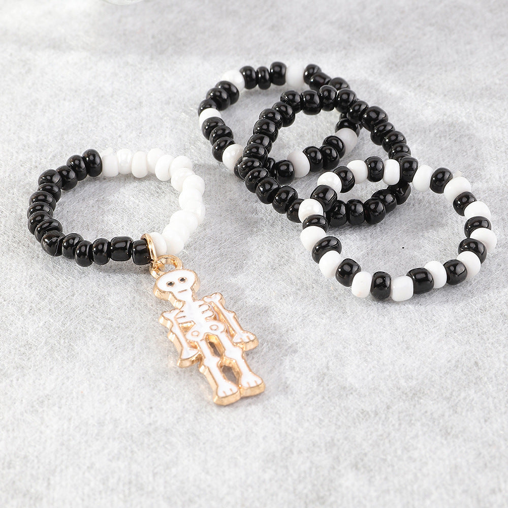 Womens Elastic Rice Bead Ring With Gold Plated Skeleton Design Creative Fashion Jewelry Gift For Her One Size Chic Style