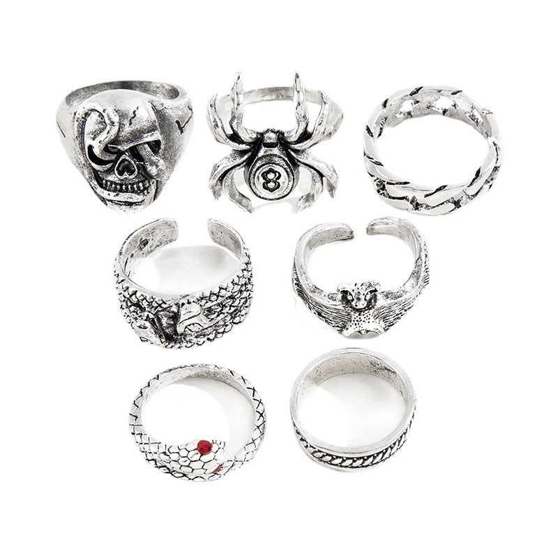 Vintage Style Alloy Ring Set Minimalist Geometric Rings With Spider Snake Bat Skull Decor For Women Style Gift