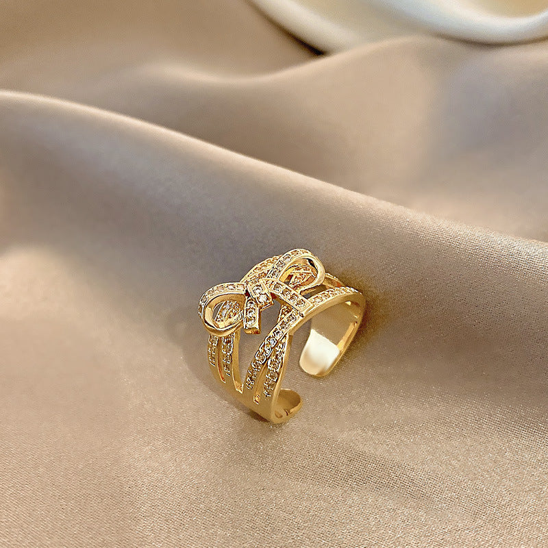 Open Adjustable Womens Butterfly Ring With Micro Inlaid Gem In Gold Plating Copper Platinum Electroplating Gold