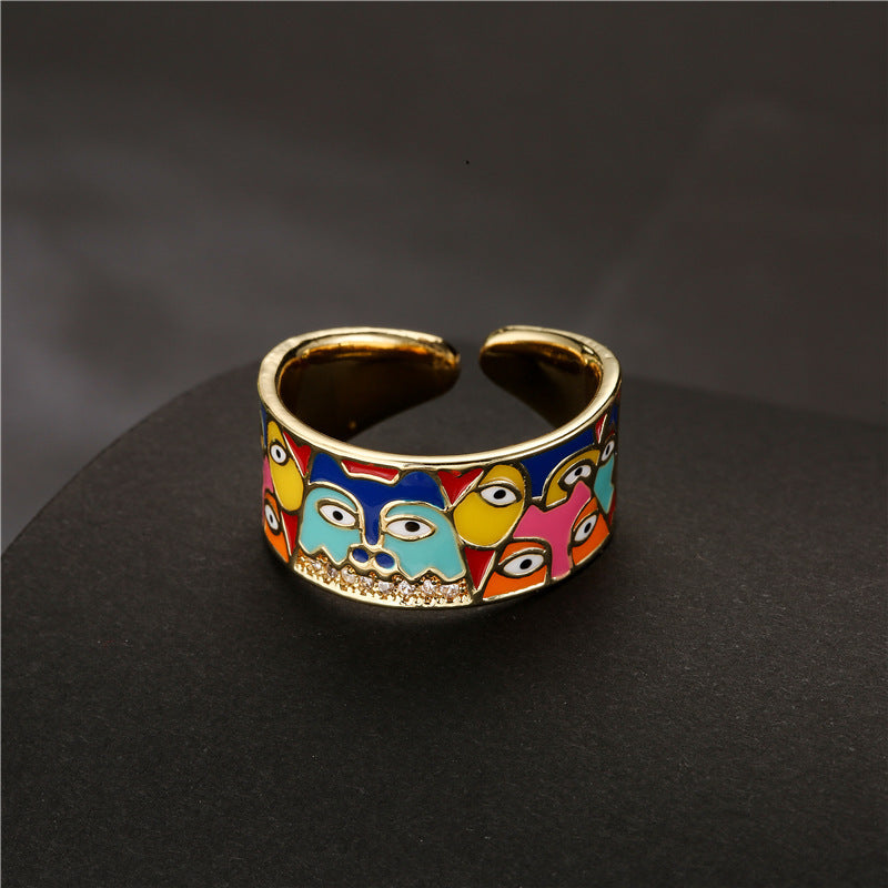 Women's Fashion Personality Ring Dripping Eye Ring and Geometric Open Ring Design with Real Gold Electroplating Copper Zircon Material Perfect Gift