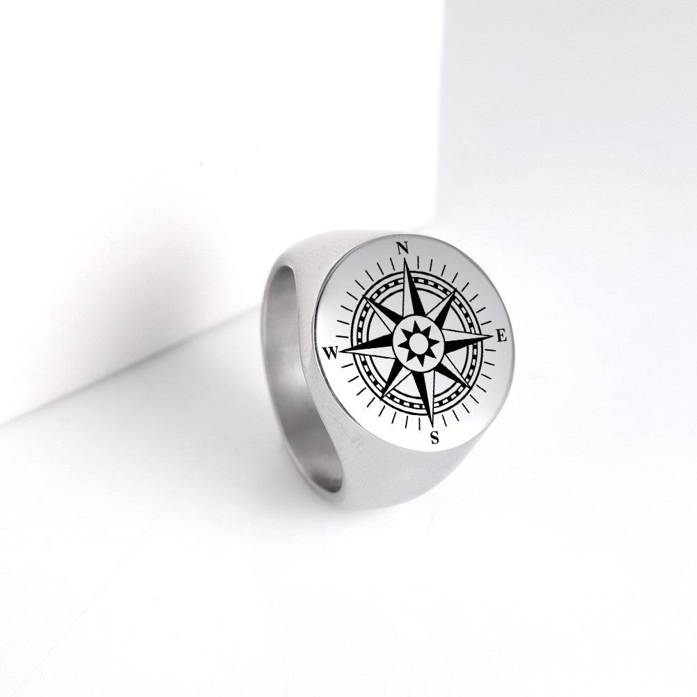 Stainless Steel Marking Silver Compass Ring