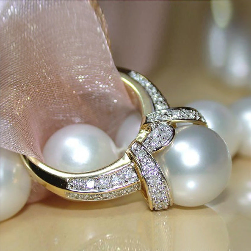 Gold Plated Zircon Pearl Ring Geometric Design for Wedding Engagement Jewelry Durable Fashion Accessory Elegant