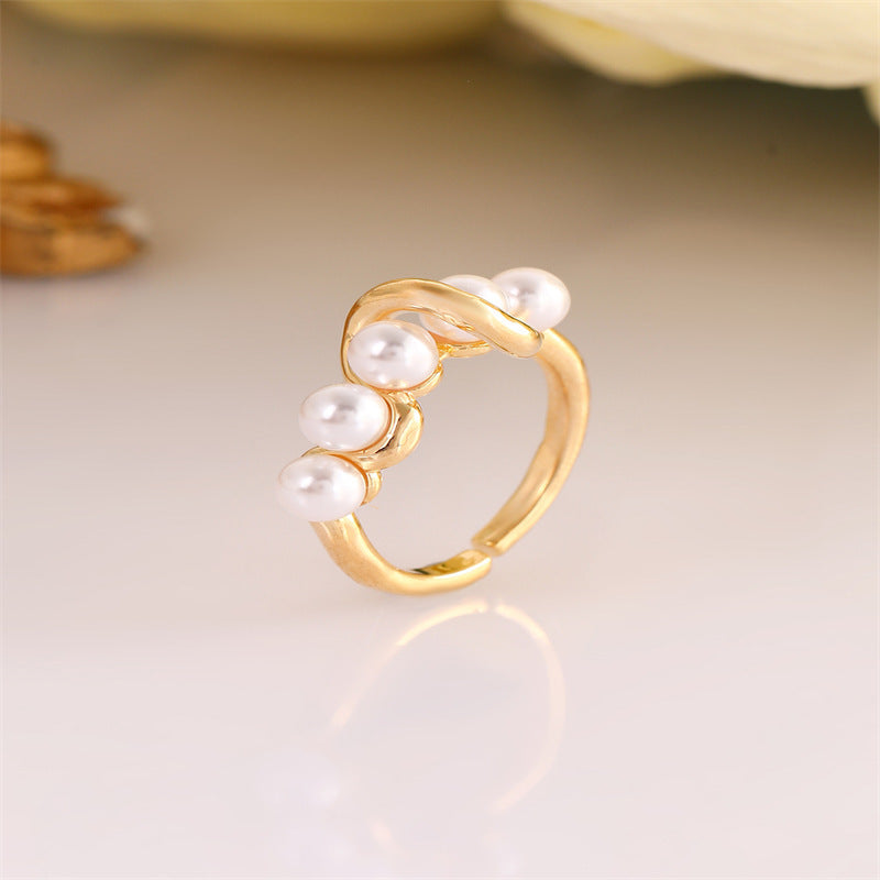 Copper Ring With Pearl Beads Adjustable Opening Geometric Wrap Design Electroplated Finish Jewelry Ring Styles