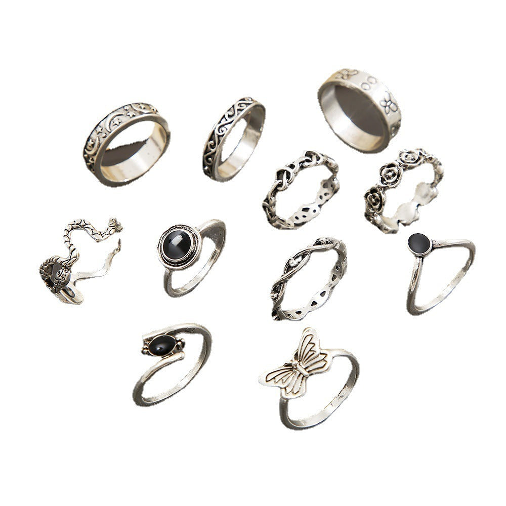 Knuckle Ring Set 11 Piece Vintage Alloy Rings With Geometric Butterfly Snake Moon Star Flower Unisex Deluxe GX