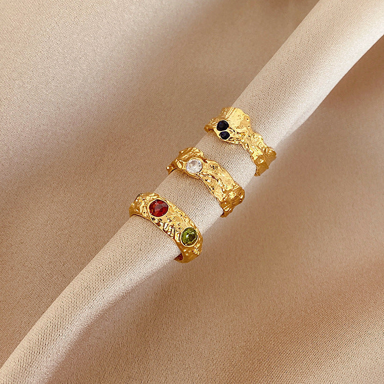 Irregular Metal Ring for Women French Retro Style Zircon Gold Plated 24k Shine Elegant Everyday Accessory Gift