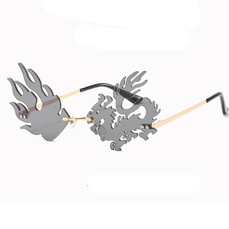 Frameless Glasses Funny Fashion Personality Unique Lightweight Plastic Material Goldtone Frame Black Gray Lens