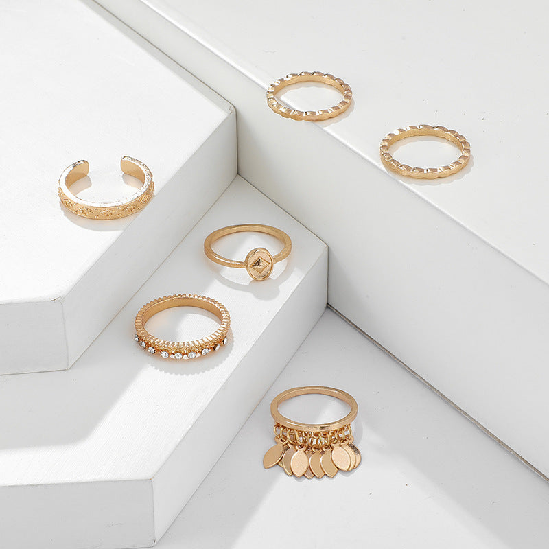 Six Piece Alloy Ring Set Geometric Leaf Tassel Jewelry For Women And Girls Everyday Wear Ideal For Casual Everyday Style