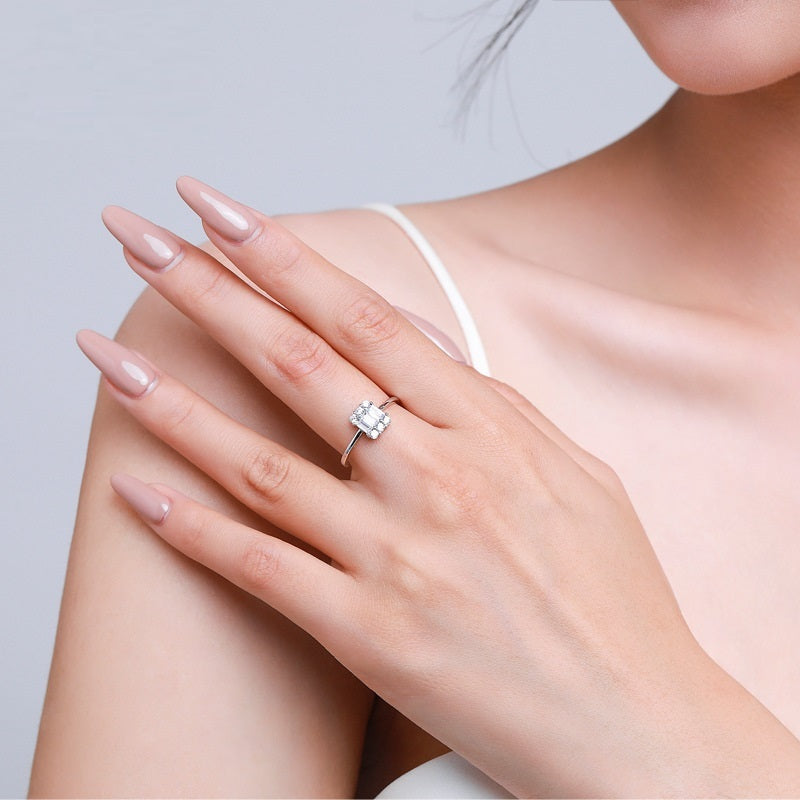 Sterling Silver Diamond Inlaid Geometric Ring European American Style Craftsmanship Elegant Handcrafted Jewelry