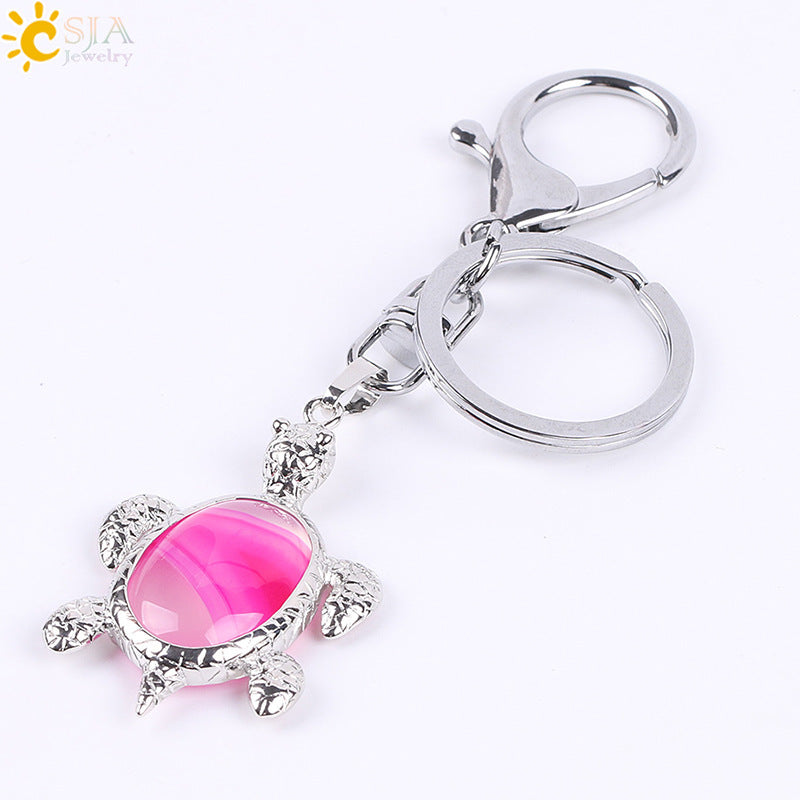 Natural Stone Keychain Bird Turtle Shape Accessory For Keys Bags White Crystal Turquoise Opal Pink Bead Accent