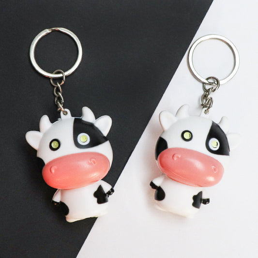 Cow Keychain With Bell Super Mini Ring Fun Glowing Pendant Plastic Accessory For Keys And Bags Black And White
