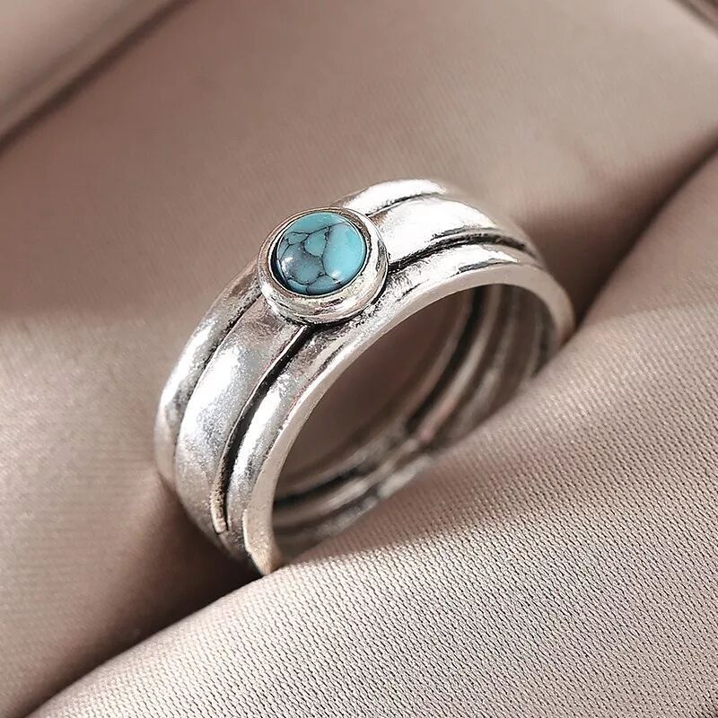 Womens Bohemian Ring Retro Carved Alloy Ring Electroplated Striped Blue Pine Design Fashion Statement Jewelry Turquoise