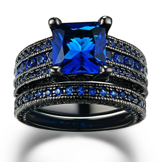 Unisex Crown Ring Set Vintage Alloy Diamond Cut Gold Plated Inlaid Gemstones Rings For Men And Women Blue And Black