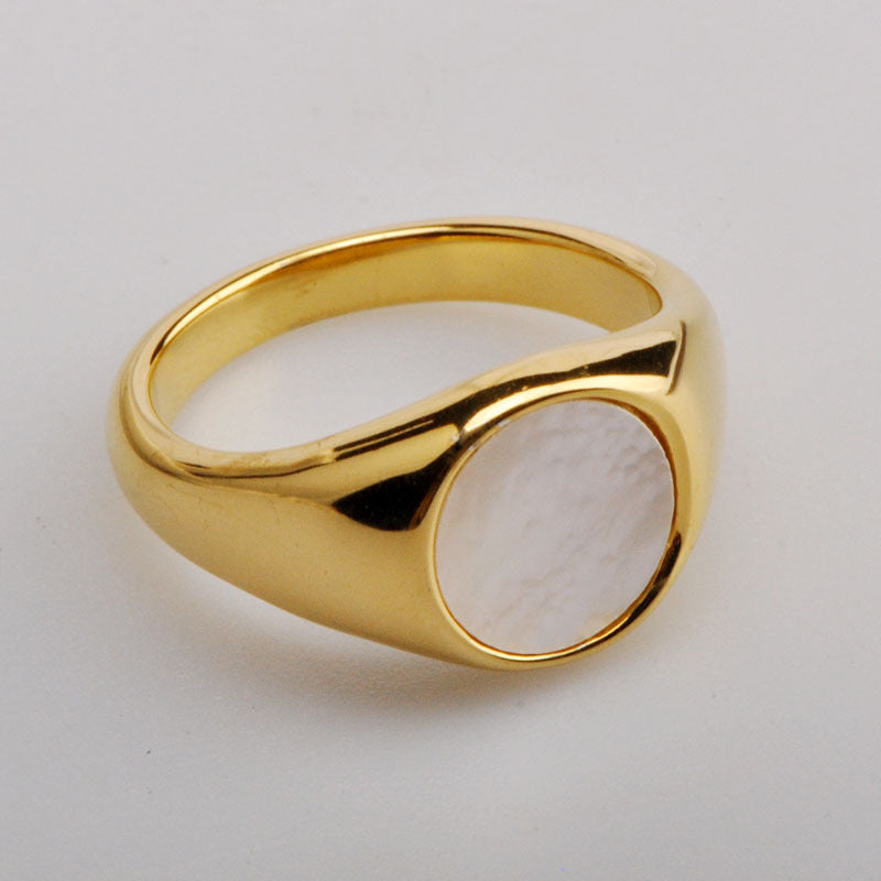 Geometric Titanium Steel Ring with Round White Mother of Pearl Shell for Women Elegant Gold Tone Finish Styles
