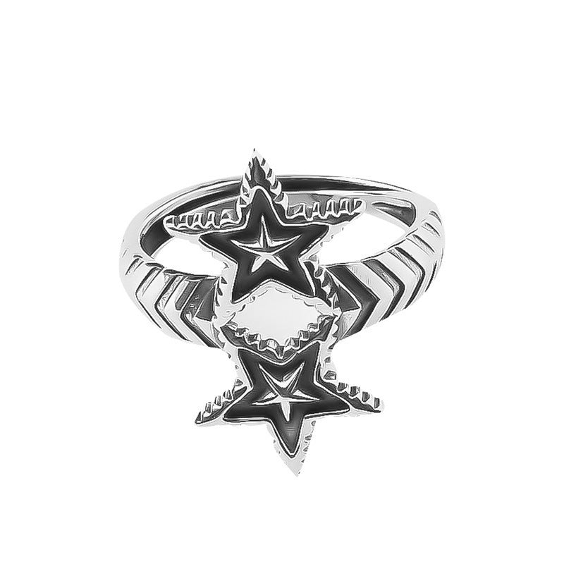Womens Double Star Ring Adjustable Opening Thai Silver Plated Ring Korean Fashion Jewelry Retro Design Package