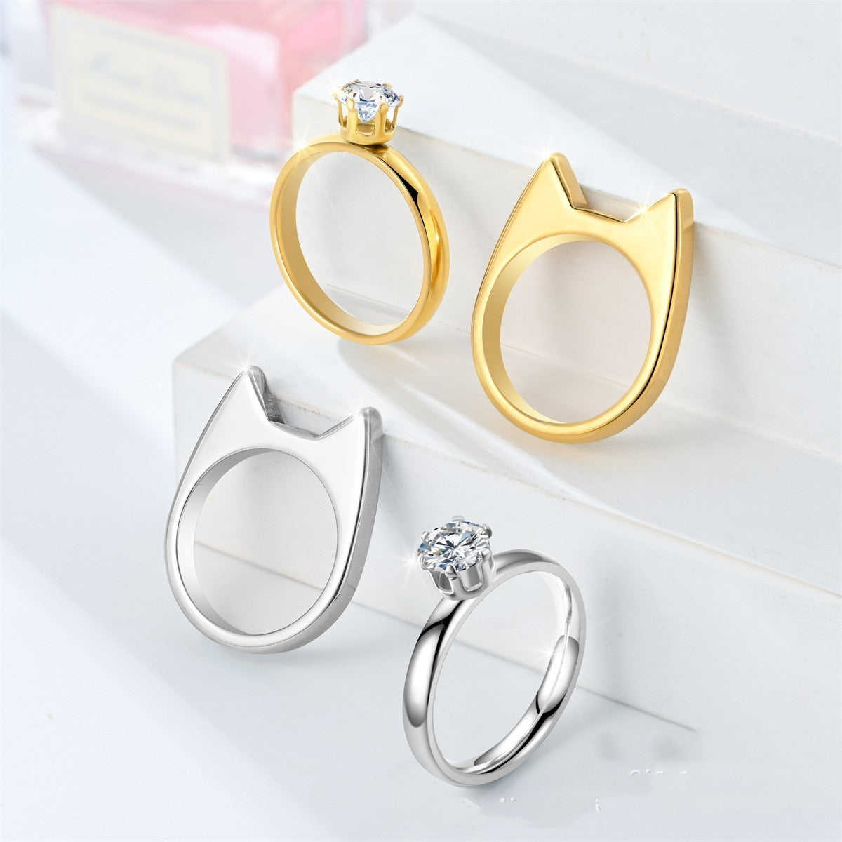 Stainless Steel Cat Ear Couple Ring Set For Women Polished Band 2mm Thick 4mm Wide Cute Jewelry For Women Lovers Gift