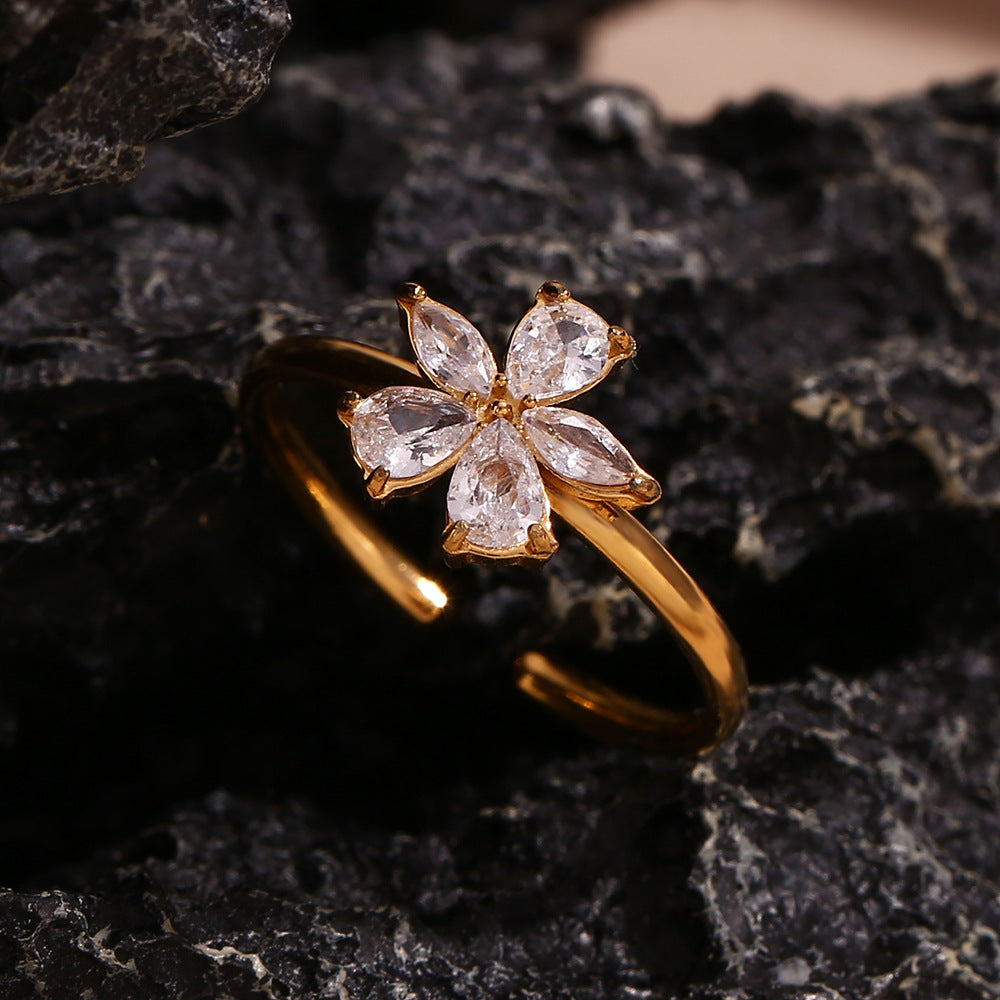 Womens 18K Gold Plated StainlessSteel Flower Ring With Zircon Micro Inlaid OpenAdjustable Petal Design Jewelry