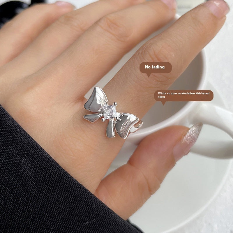 Girls Bow Ring 925 Sterling Silver Zircon Inlaid Adjustable Open Ring Gift For Birthday Everyday Jewelry For Girls