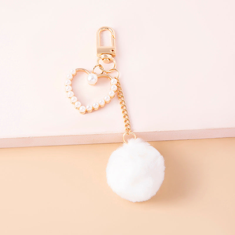 Womens Plush Ball Keychain With Pearls And Heart Charms Gold Tone Trendy Pompom Bag Charm Accessory Gift Ready