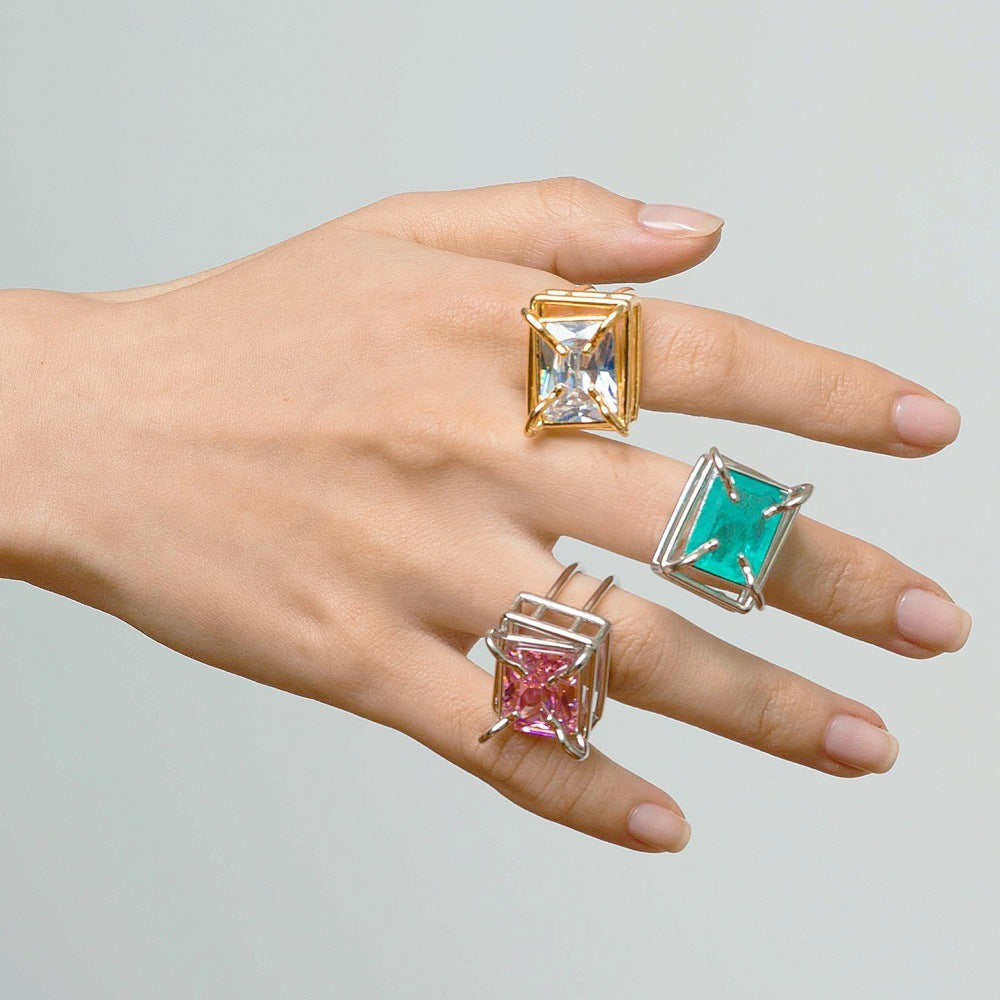 Resin Ring Retro Geometric Ring Metal Edging Large Tilt Square Statement Ring Unique Jewelry 18mm Fashion Ring