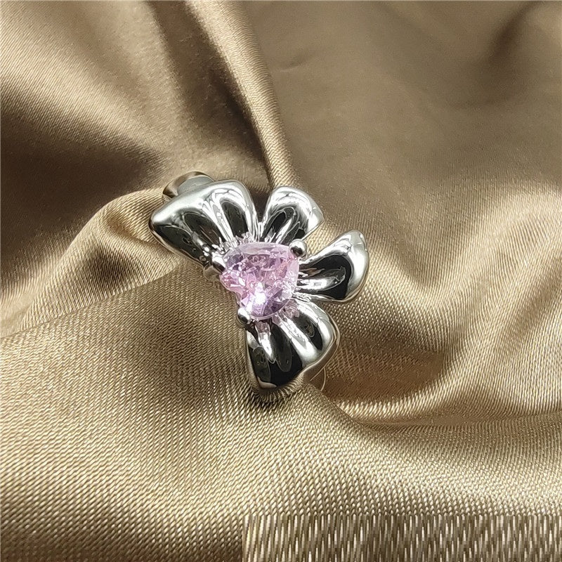 Womens Adjustable Ring Emerald Heart Zircon Bow Copper