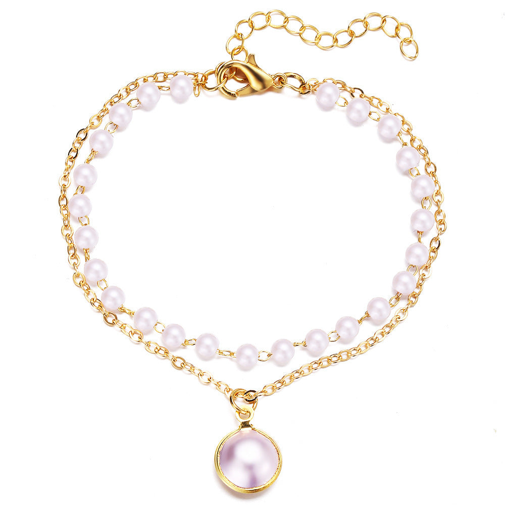 Womens Pearl Bracelet Double Layer Retro Alloy Jewelry