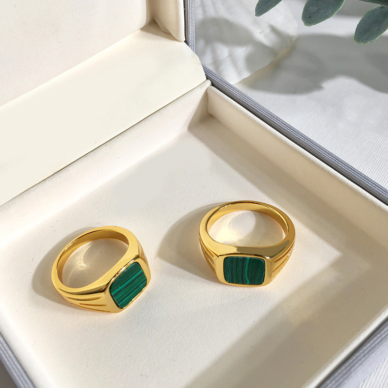 Womens Green Malachite Ring Brass Gold European Retro Design Statement Jewellery For Women Party Fashion Rings