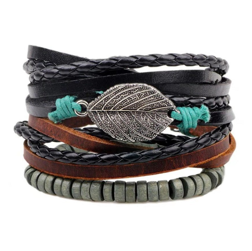 Mens Leather Braided Bracelet European Design Alloy Inlaid Gemstones Retro Geometric Accessory Woven Wristband