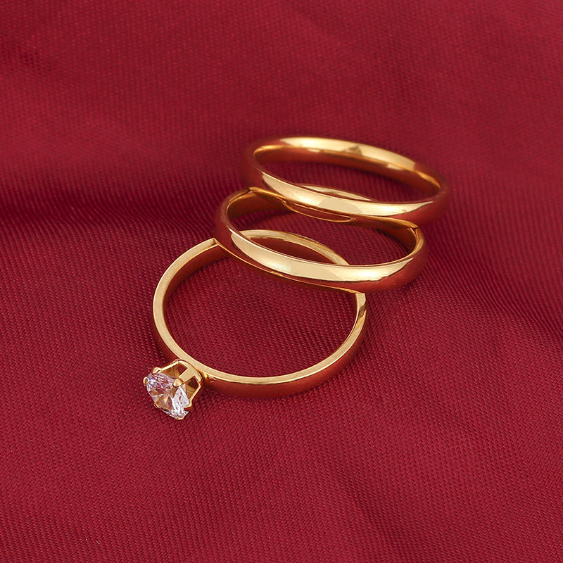 Gold Tone Stainless Ring Set Three Piece Band Diamond Cut