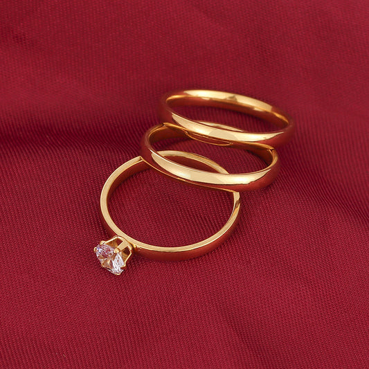 Gold Tone Stainless Ring Set Three Piece Band Diamond Cut