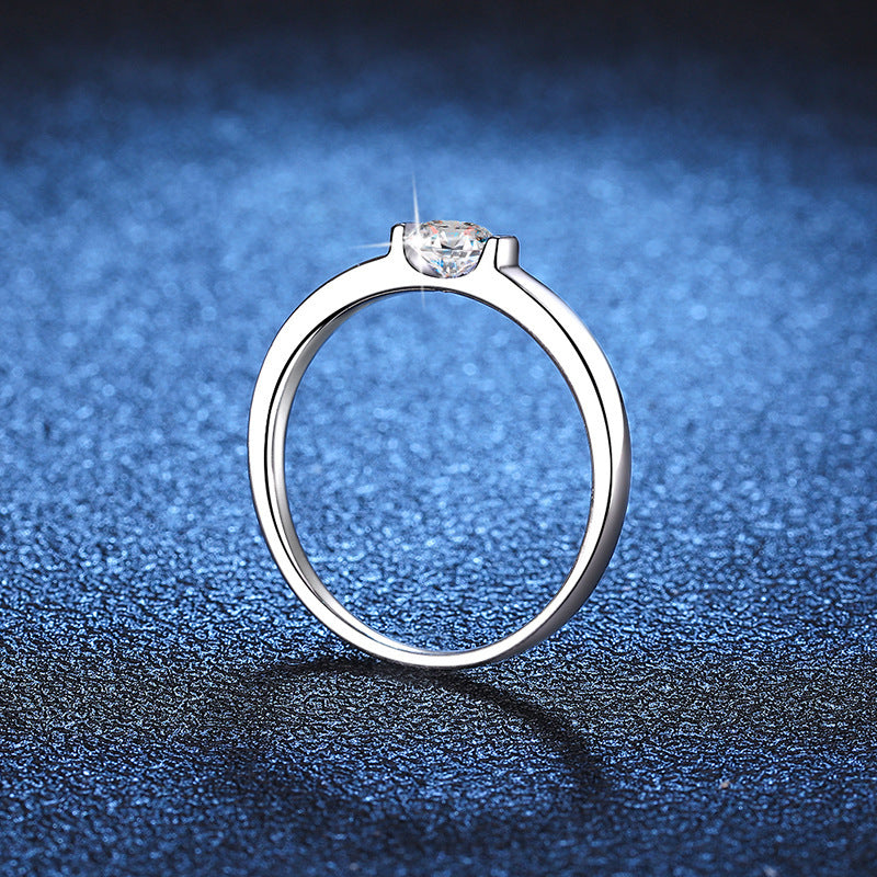 Sterling Silver Korean Geometric Ring With 5mm High Carbon Stone And 50 Points Moissanite Accent For Women Ring