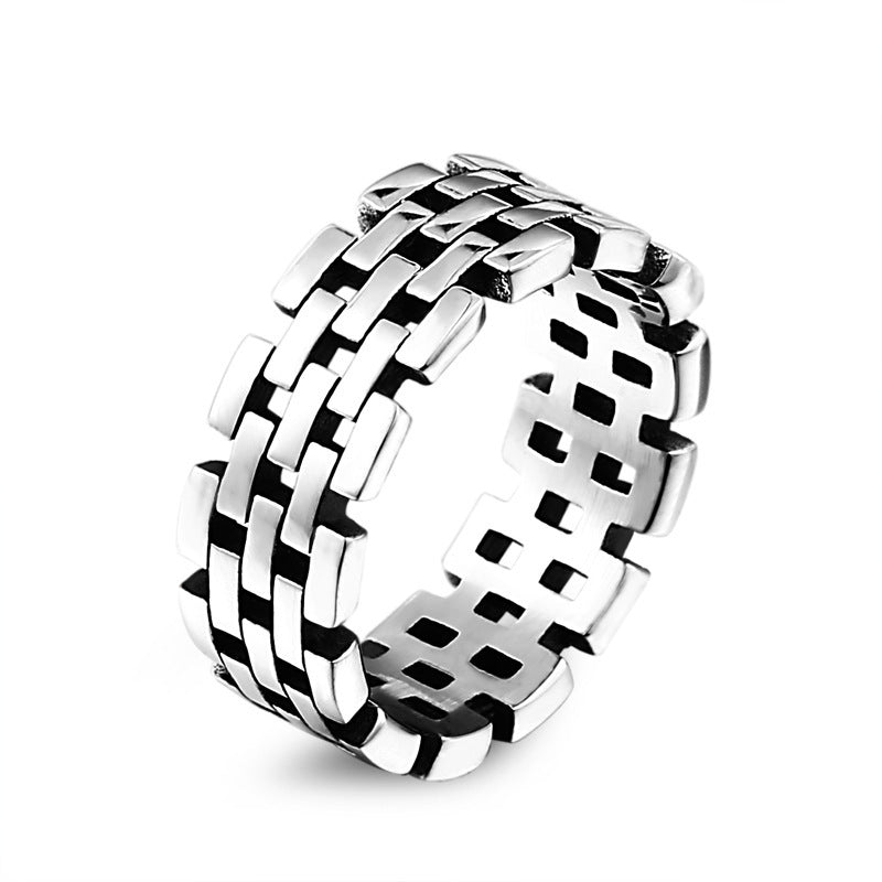 Mens Titanium Steel Hollow Chain Ring 8MmWidth Mens Ring With Modern Steel Color Ancient Black Finish Polished