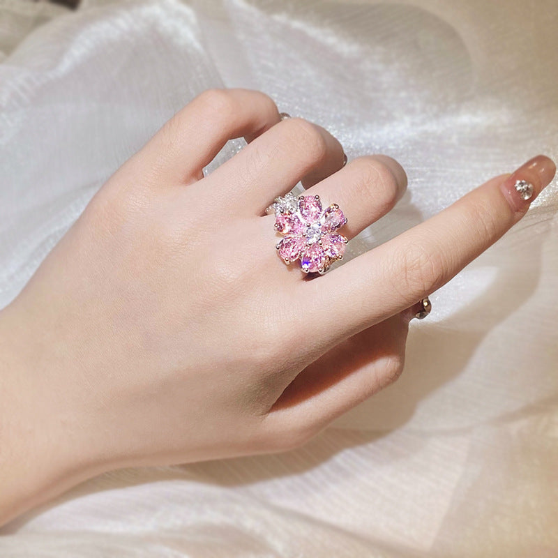 Women's Heart Cherry Blossom Ring with Zircon Sweet Diamond Accent Copper Band Fashion Jewelry Delicate Pink Ring for Her Elegant Gift
