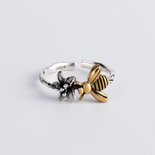 Sterling Silver Bee Ring With Flower Korean Geometric