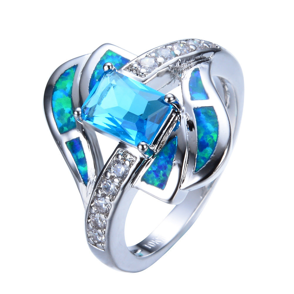 Womens Blue Opal Ring With Diamond Inlay Wedding Band Geometric Alloy Ring European Design Artificial Gem For Wedding