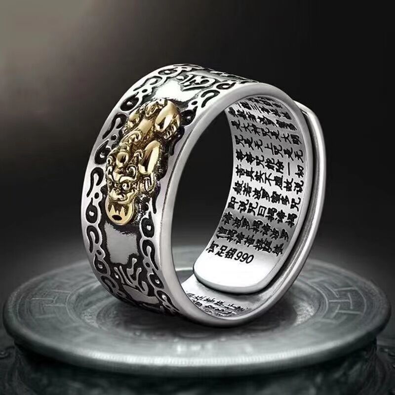 Six Character Fortune Ring For Men Thai Silver Copper Inlay Adjustable Unisex Jewelry Everyday Style Fashion Accessory