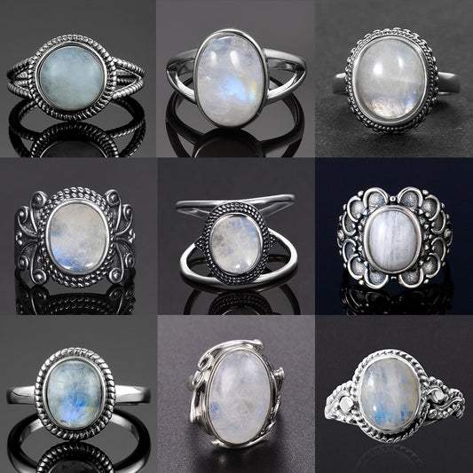 Moonstone Ring Vintage Wide Face Court Style Patterned Copper Electroplated Elegant Statement Jewelry Pure Glow