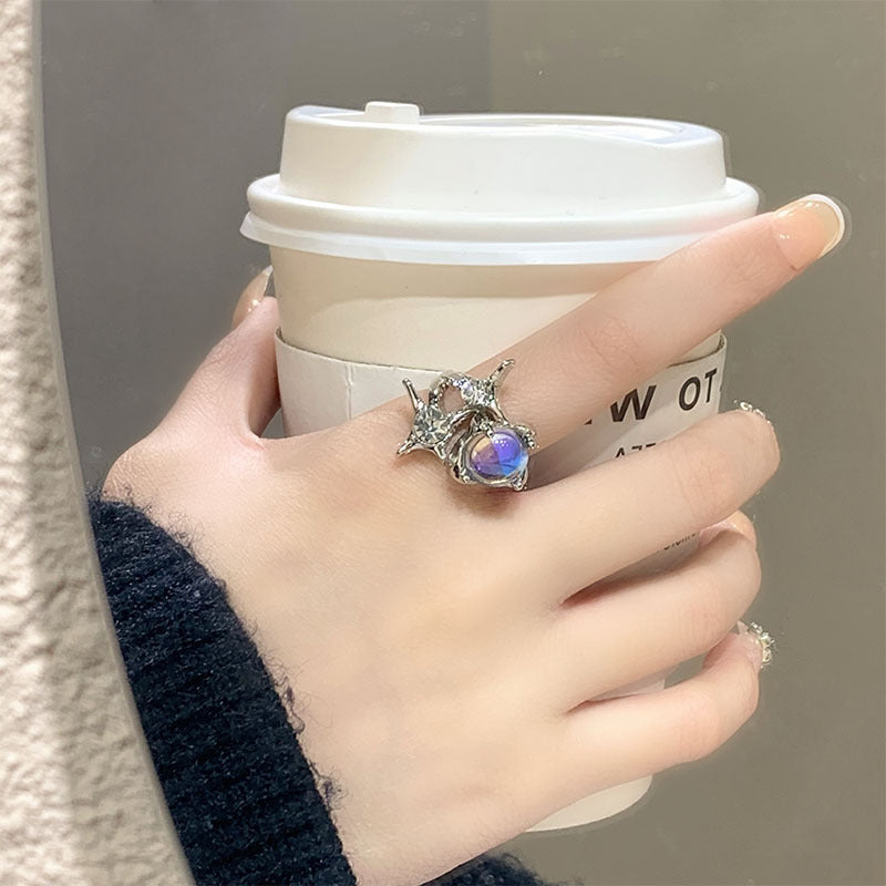 Moonstone Geometric Ring Octagonal Zircon Accent Metal Band Jewelry Gift For Her Elegant Korean Style Gems Now